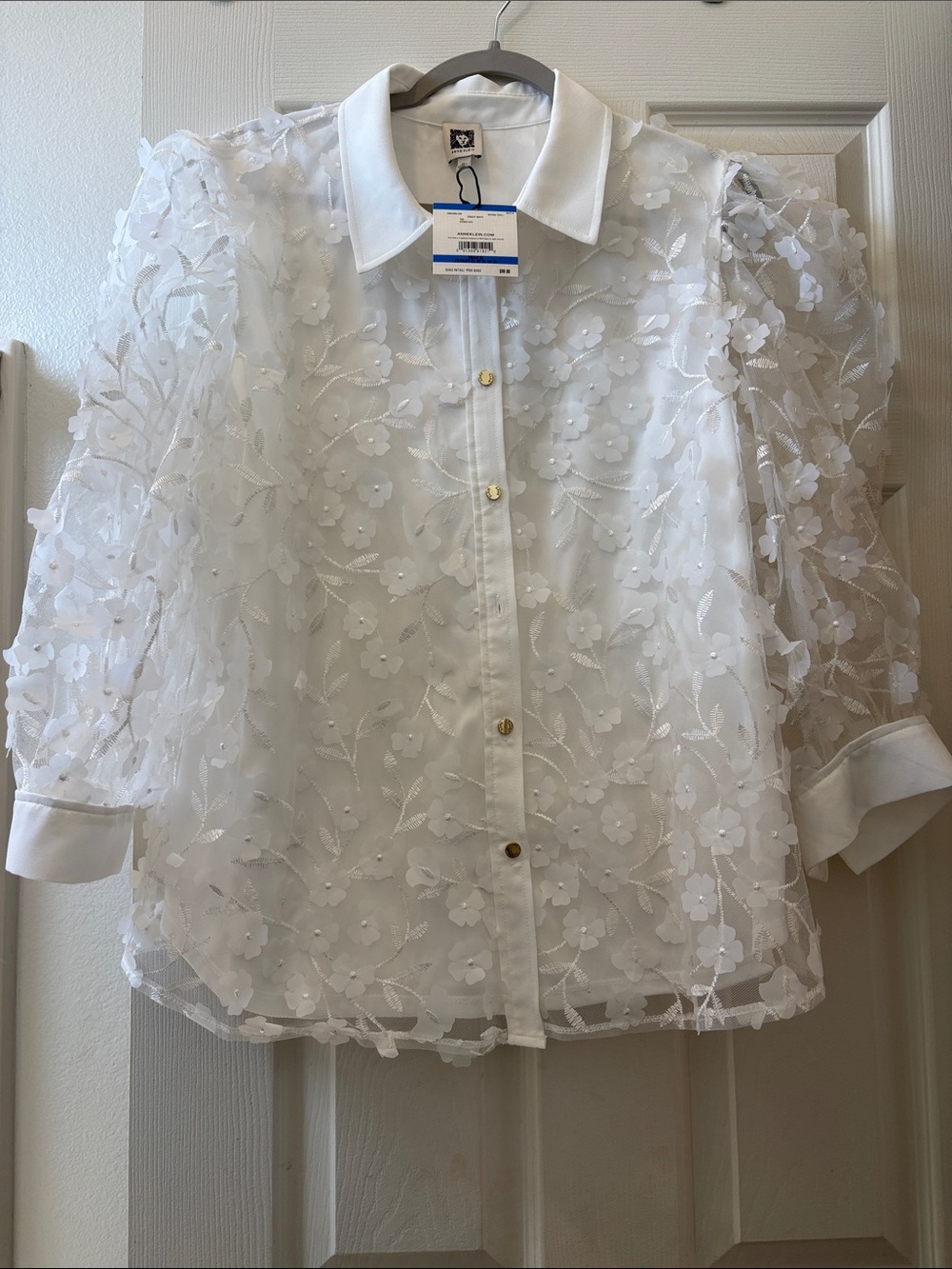 Anne Klein White 3D Floral Embroidered Sheer Button Blouse